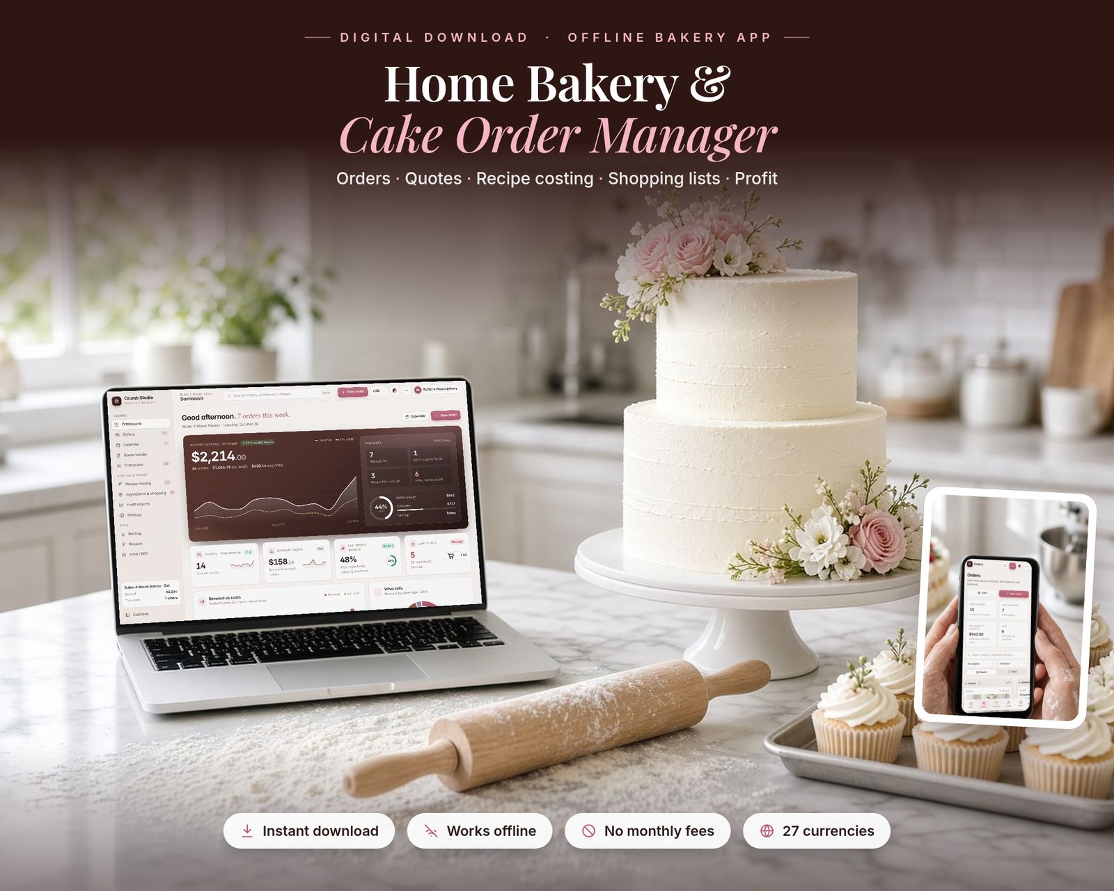 Home Bakery & Cake Order Manager on a laptop on a marble kitchen counter, next to a two-tier white cake with pink roses on a cake stand, a rolling pin, flour and a tray of cupcakes. The laptop dashboard shows $2,214.00 booked revenue from 14 orders with a revenue and profit trend; an inset photo shows the Orders page on a phone held in floury hands. Text: Orders, Quotes, Recipe costing, Shopping lists, Profit. Badges: instant download, works offline, no monthly fees, 27 currencies.