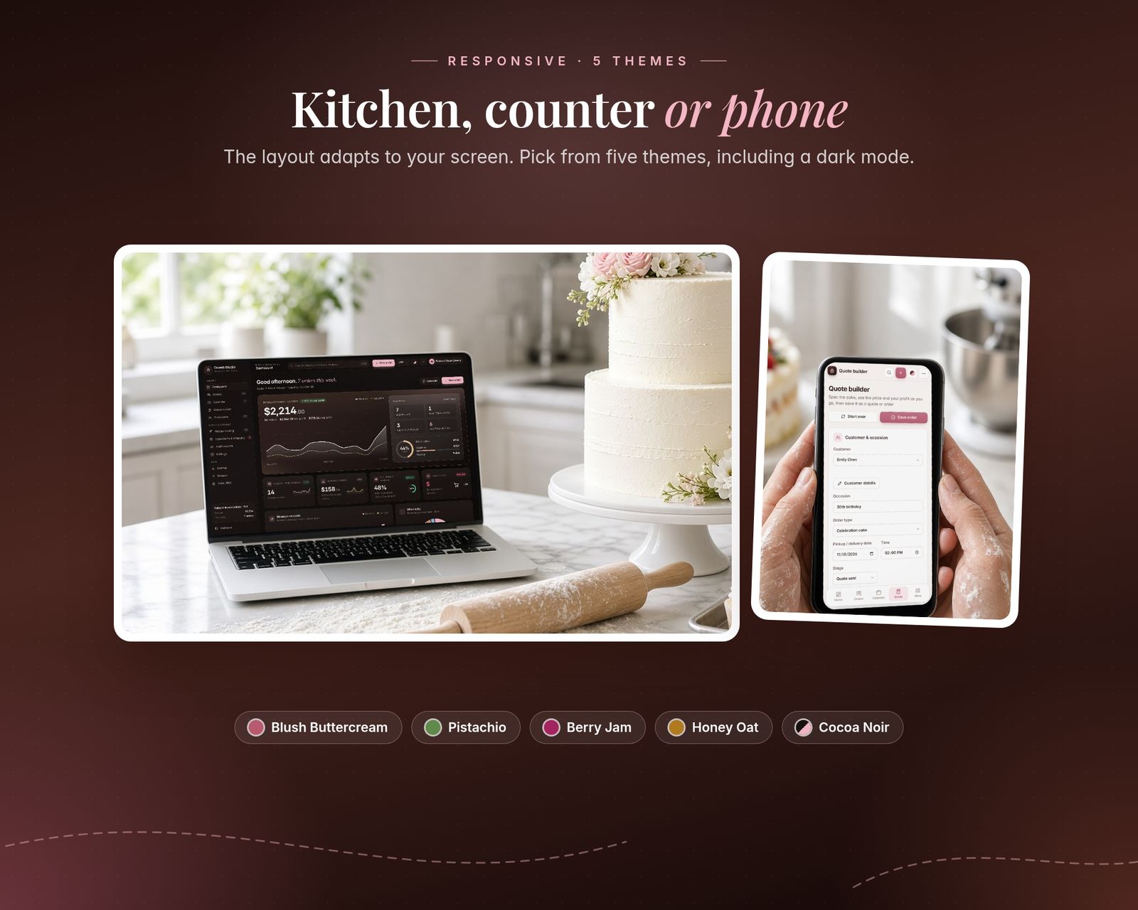 Two lifestyle photos: the app in the dark Cocoa Noir theme on a laptop in a bright kitchen with a tiered cake, and the quote builder on a phone held in floury hands beside a stand mixer. Headline: Kitchen, counter or phone. Theme chips: Blush Buttercream, Pistachio, Berry Jam, Honey Oat and Cocoa Noir.