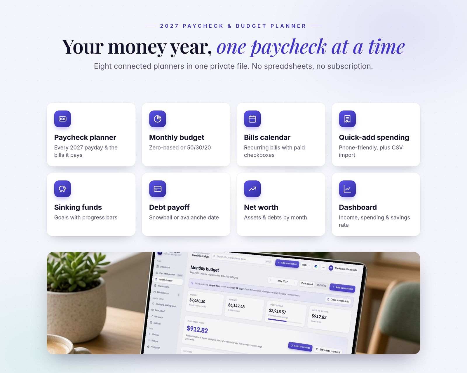 Eight tools: paycheck planner, monthly budget, bills calendar, quick-add spending with CSV import, sinking funds, debt payoff, net worth and dashboard. A photo strip below shows the monthly budget open on a laptop on a wooden desk.