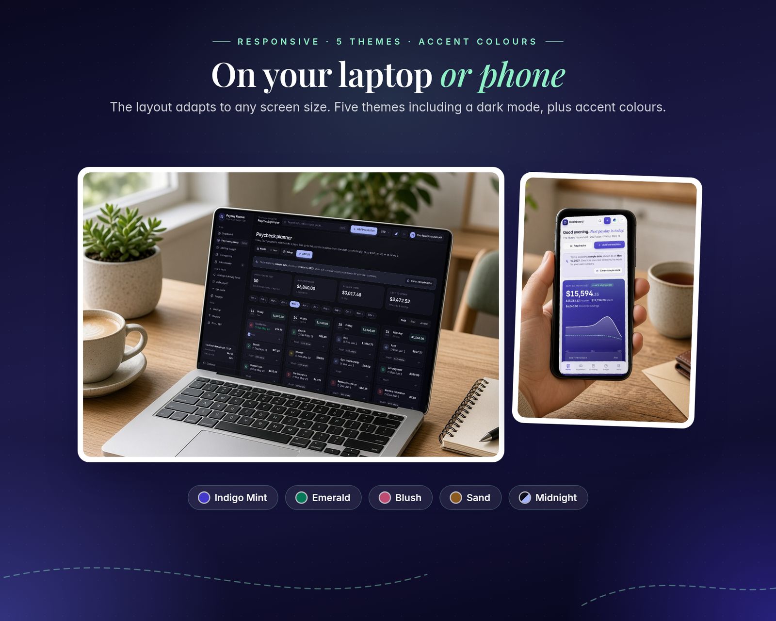 Two photos: the app in the dark Midnight theme on a laptop on a wooden desk, and the dashboard on a phone held in one hand. Headline: on your laptop or phone. Theme chips: Indigo Mint, Emerald, Blush, Sand, Midnight.