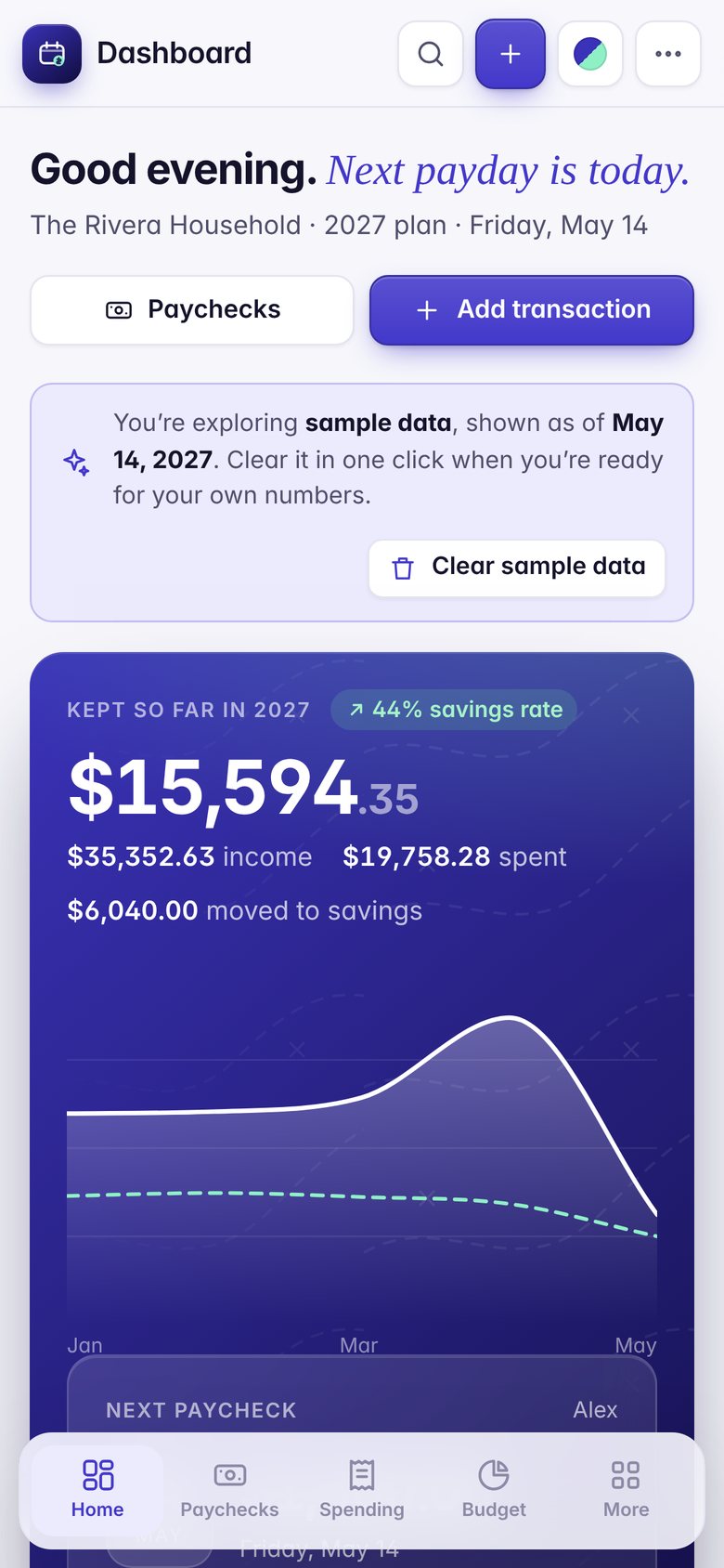 Payday Planner on an iPhone, with fictional sample data
