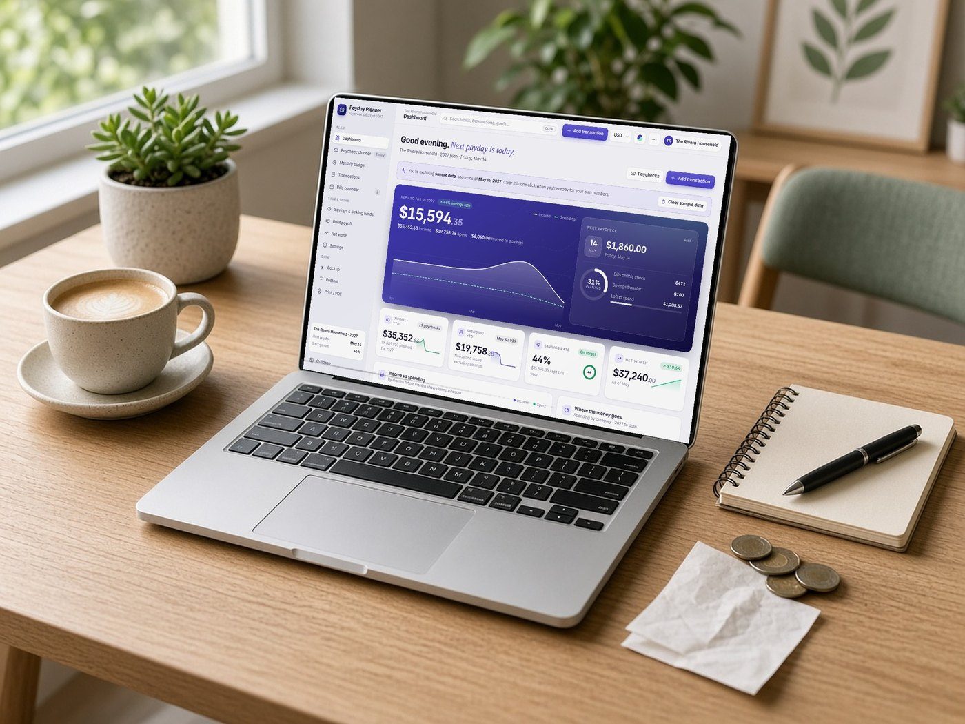 2027 Paycheck & Budget Planner shown on a device (AI-generated lifestyle photo)