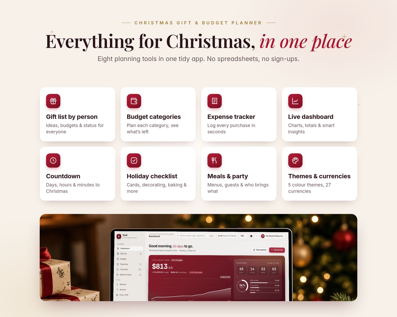 Overview of eight planner features: gift list by person, budget categories, expense tracker, live dashboard, countdown, holiday checklist, meals and party planner, and themes and currencies. Below, a photo of the planner dashboard on a laptop beside a Christmas tree.