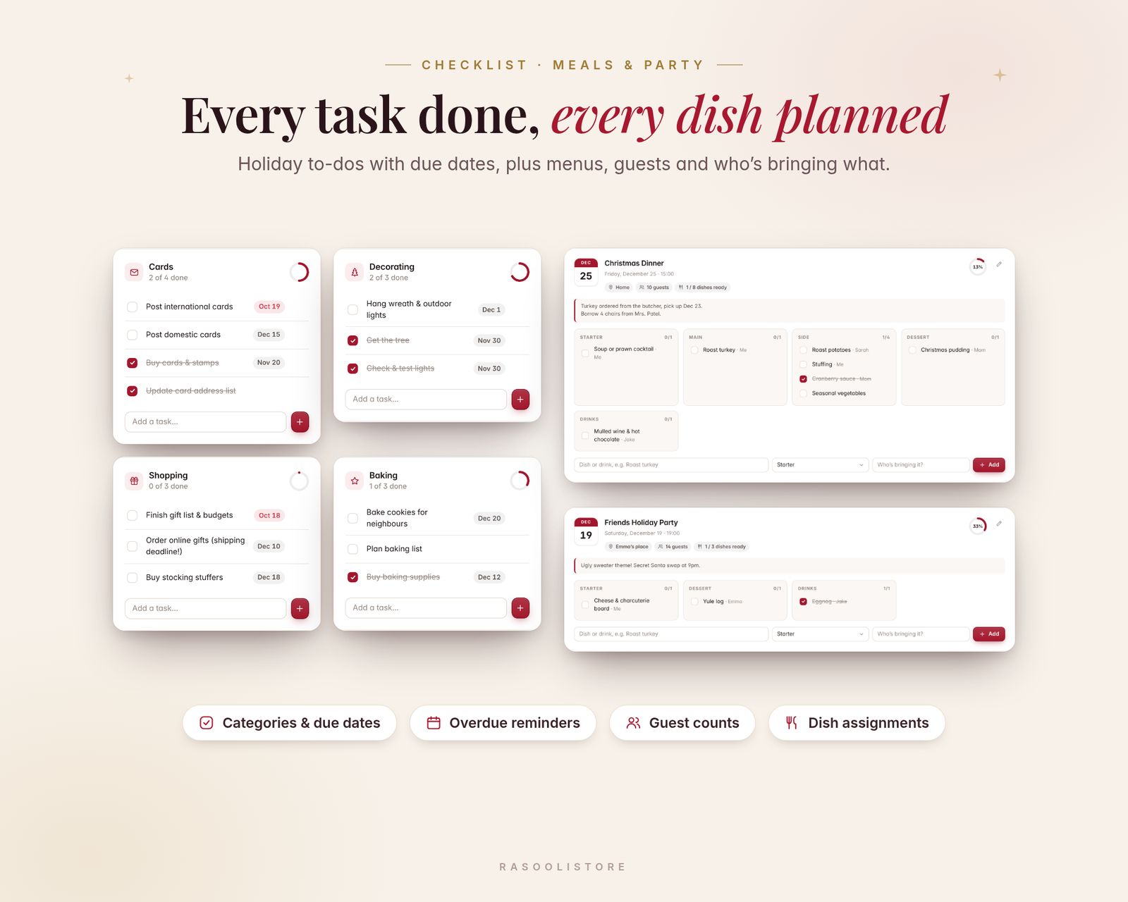 Holiday checklist cards for Cards, Decorating, Shopping and Baking with due dates and ticked tasks, beside Christmas Dinner and Friends Holiday Party plans showing guests, menu courses and who is bringing each dish.