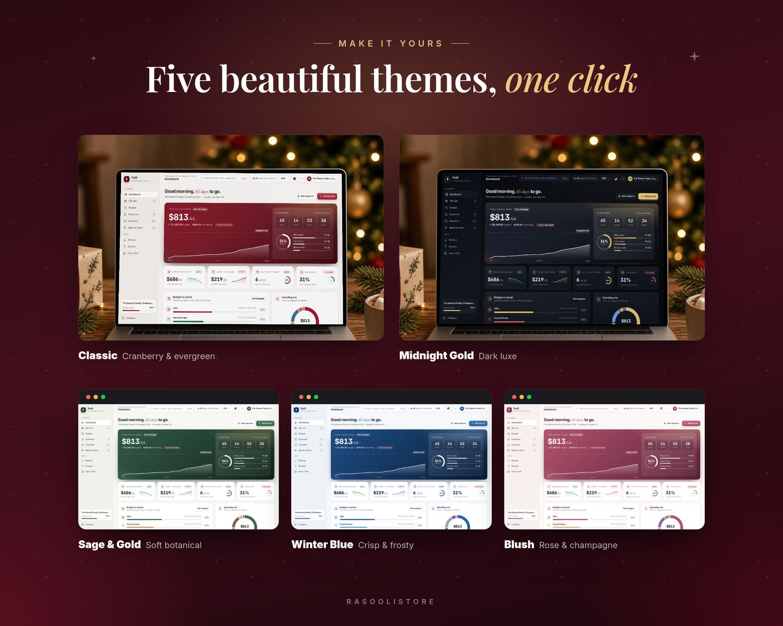 The planner in five colour themes. Two photos show a laptop in a festive living room with the Classic cranberry theme and the dark Midnight Gold theme; three screenshots show Sage & Gold, Winter Blue and Blush.