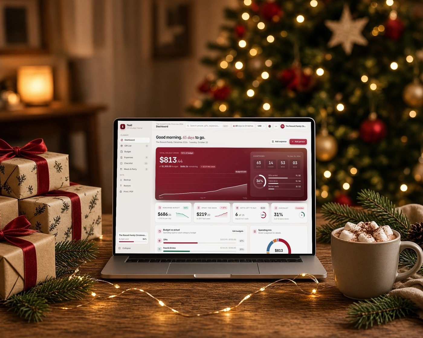 Christmas Gift & Budget Planner shown on a device (AI-generated lifestyle photo)