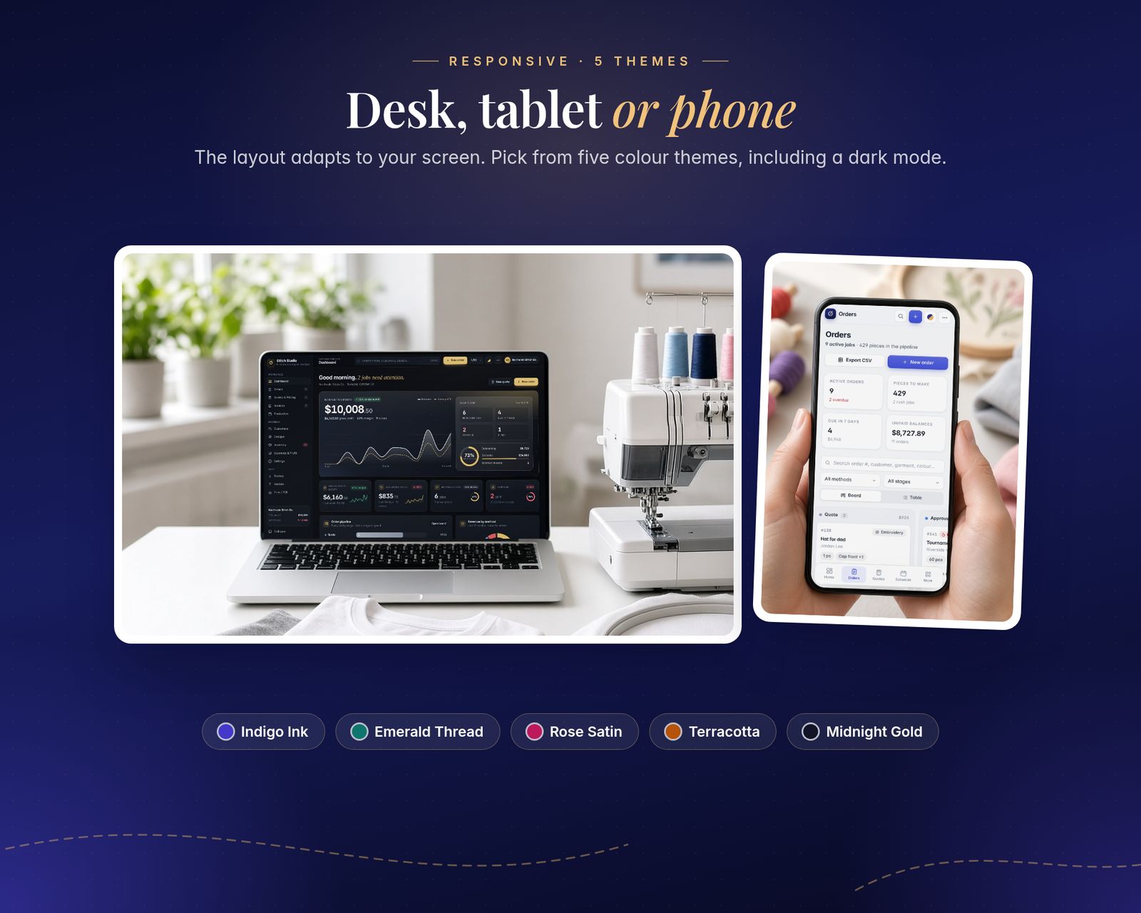 Two lifestyle photos: the app in the dark Midnight Gold theme on a laptop in an embroidery studio, and the orders list on a phone held in two hands over thread spools and an embroidery hoop. Headline: Desk, tablet or phone. Colour theme chips: Indigo Ink, Emerald Thread, Rose Satin, Terracotta and Midnight Gold.