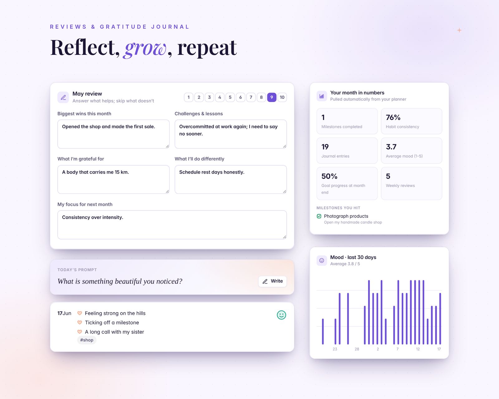 Monthly review for May with five guided prompts (wins, challenges, gratitude, what to do differently, focus for next month) and a 1-10 rating, a Your month in numbers card (milestones, 76% habit consistency, 19 journal entries, 3.7 average mood, 50% goal progress, 5 weekly reviews), a daily journal prompt, a gratitude entry with three items and a 30-day mood chart.