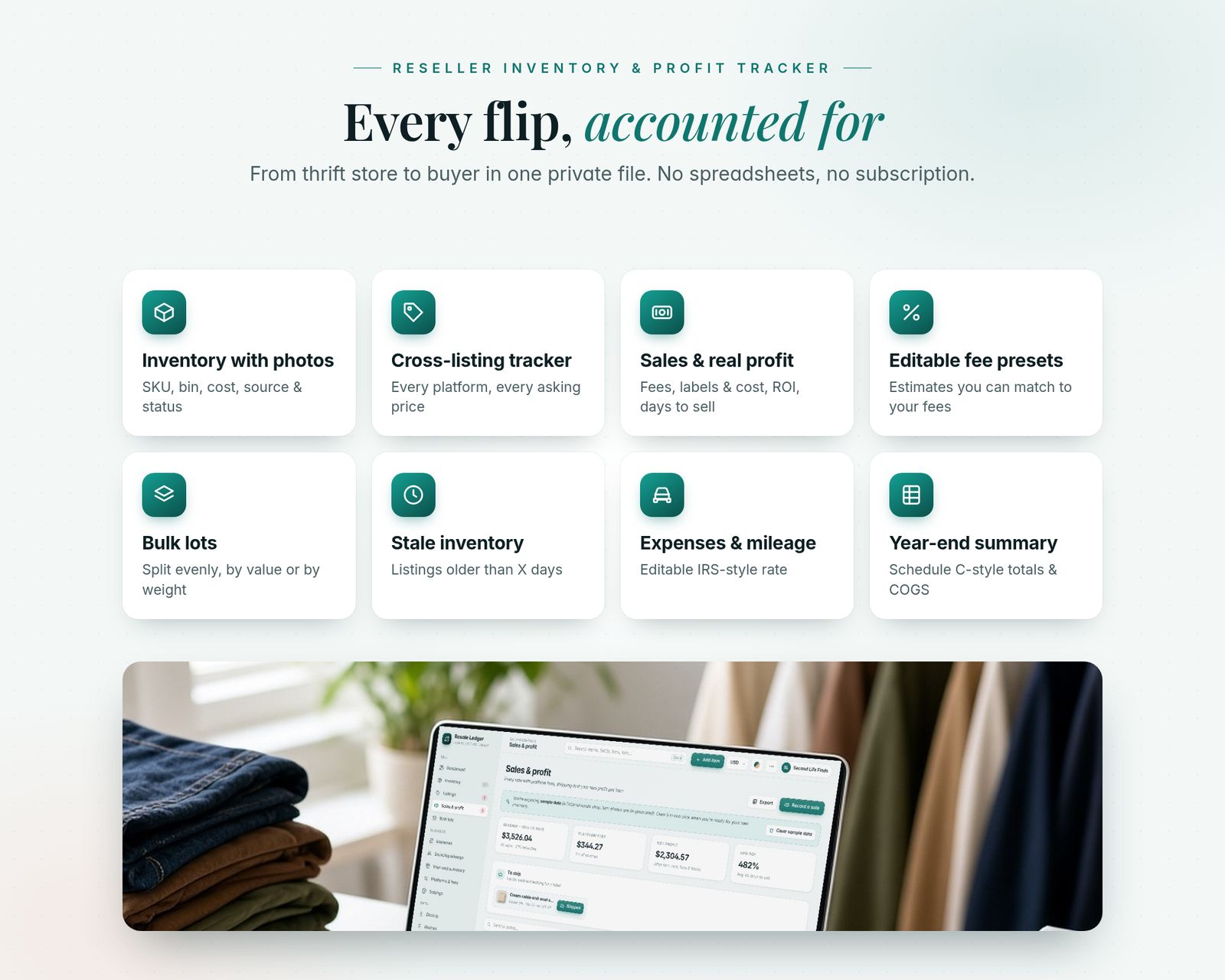 Eight tools: inventory with photos, cross-listing tracker, sales and real profit, editable fee presets, bulk lots, stale inventory, expenses and mileage, and year-end summary. A photo strip shows the sales page on a laptop on a packing desk.