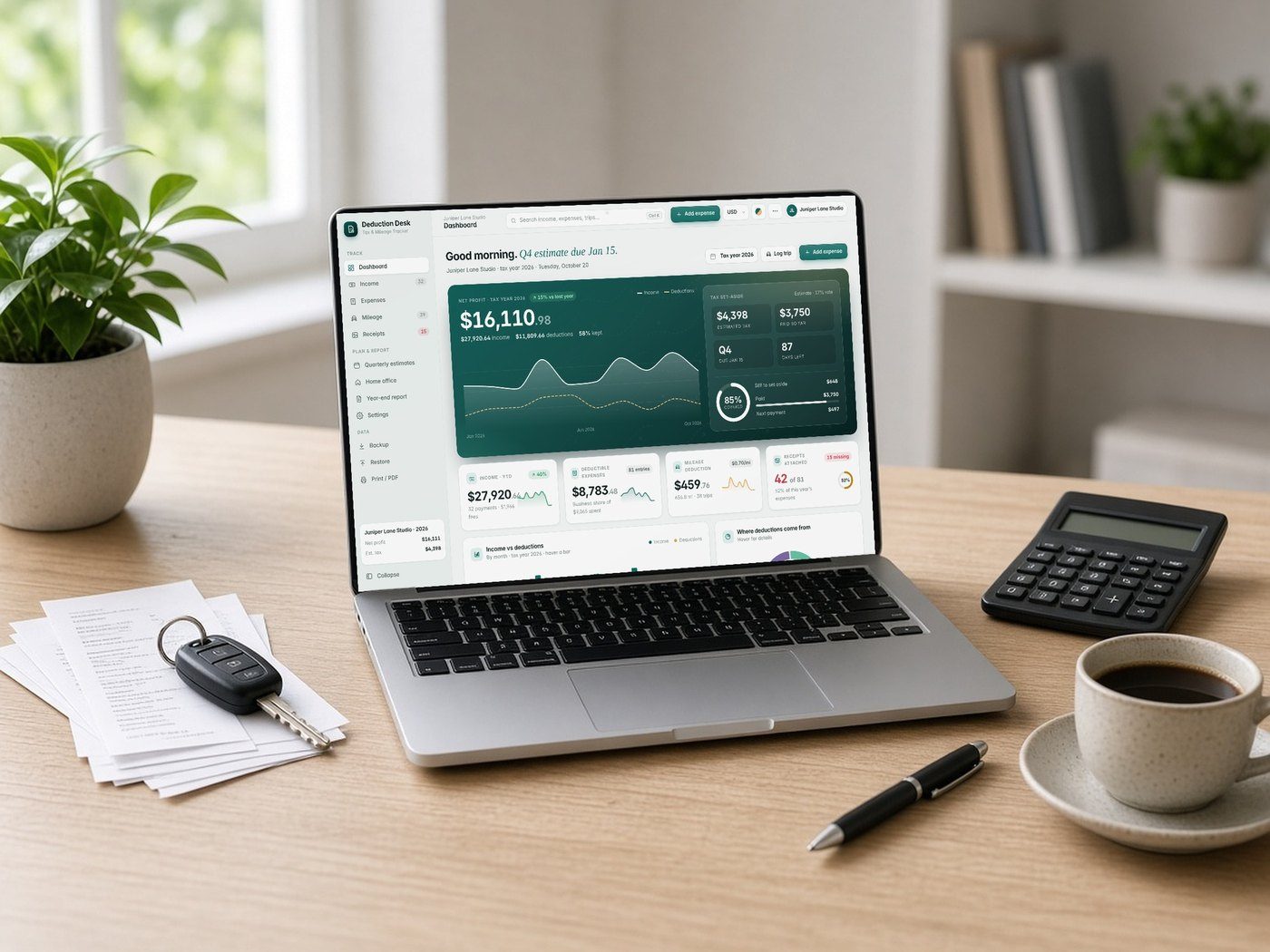 Tax Deduction & Mileage Tracker shown on a device (AI-generated lifestyle photo)