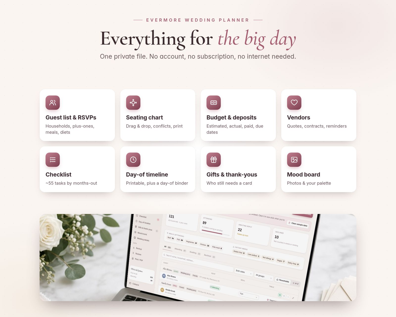 Eight tools: guest list and RSVPs, seating chart, budget and deposits, vendors, checklist, day-of timeline, gifts and thank-yous, mood board. A photo strip shows the app on a laptop on a wedding desk.