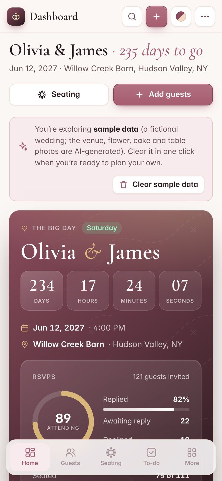 Evermore wedding planner on an iPhone, with fictional sample data
